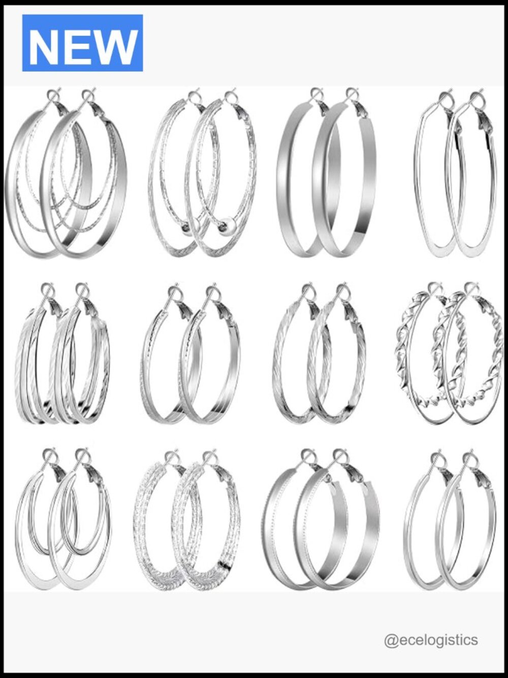 12 Pairs Hoop Earrings Set Multipack Chunky Rectangular Twisted 30mm 40mm 50mm
